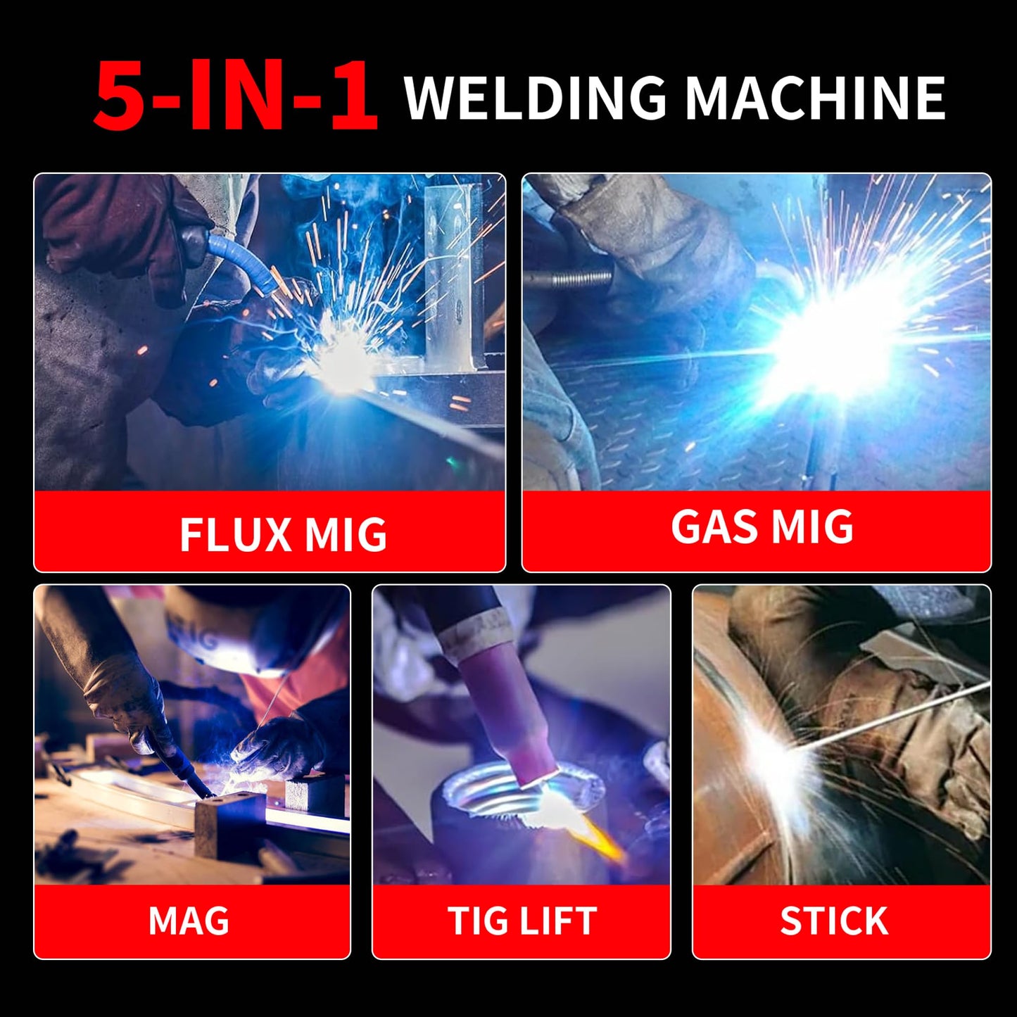 PONEY 140A MIG Welder 110V/220V Dual Voltage - 5 in 1 Portable Gasless MIG/MAG/FLUX/TIG/MMA Welding Machine with Synergic Control, IGBT Inverter & LED Display