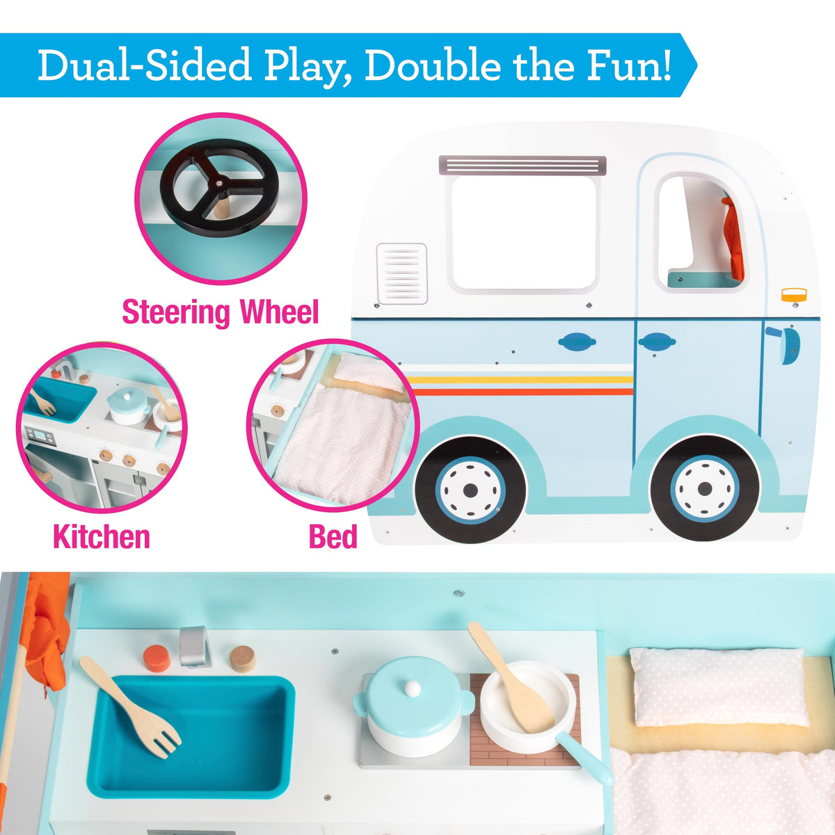 Wooden Play Camper Van Toy Playset w Steering Wheel, Kitchen, Stove, Oven, Bed, Pillow, Pretend Shower, Curtains, Personalization Stickers- Indoor Retro Car Camping, Travel RV Adventure- Ages 3+ Gift