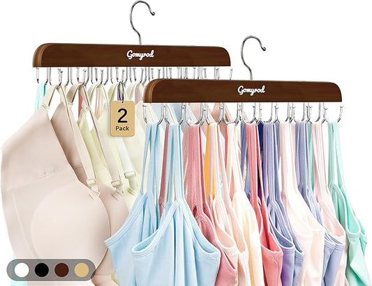 Gomyrod Bra Hanger for Closet, 2 Pack Tank Top Hangers w/20 Hooks Holds 40 Bras, Capacity Foldable Wood Space Saving Hanger, 360°Rotating Closet Organizers and Storage for Dorm & Apartment（Brown）