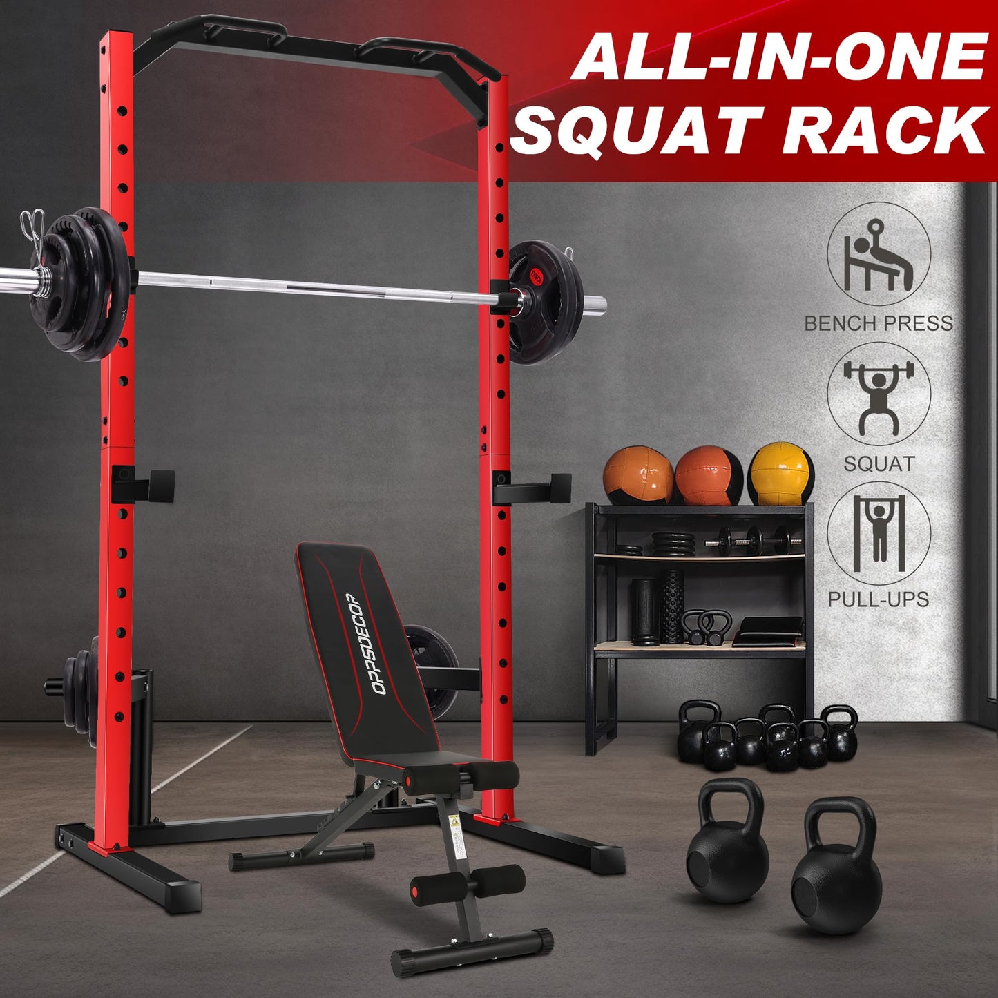 OPPSDECOR Power Cage Power Rack with LAT Pull Down Pulley System& Cable Row, Weight Cage with More Training Attachments, Multi-Functional Squat Rack for Home Gym System