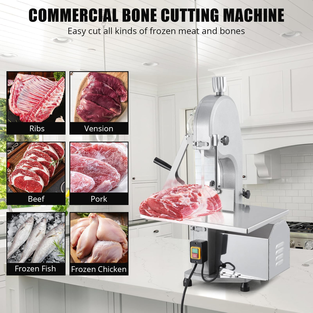 1100W Commercial Electric Bone Saw Machine, Frozen Meat & Bone Cutter with 5 Saw Blades, Adjustable 0.16-7.09 Inch Thickness, 19.3"x15" Stainless Work Table for Butcher Shops, Restaurants, Supermarket