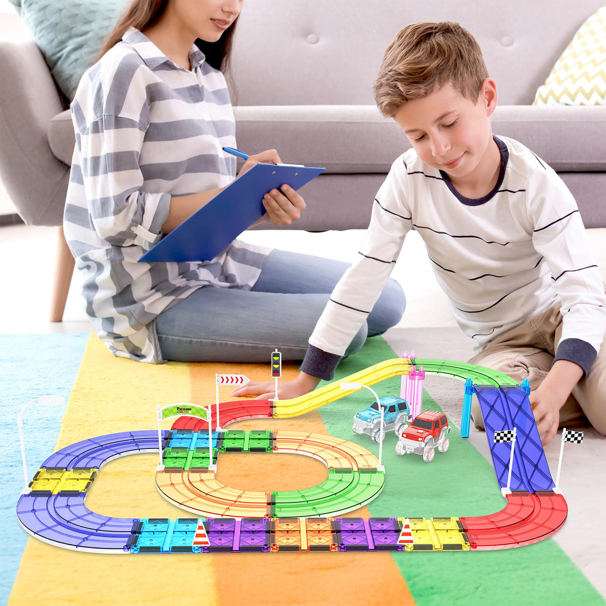 PicassoTiles 45pc Magnetic Tiles Race Track Set With 2 Racing Cars Plus Traffic Accessory Kit STEM Educational Learning Construction Building Magnet Tile Toy For Toddlers Boys Girls Kids Age 3+ PTR451