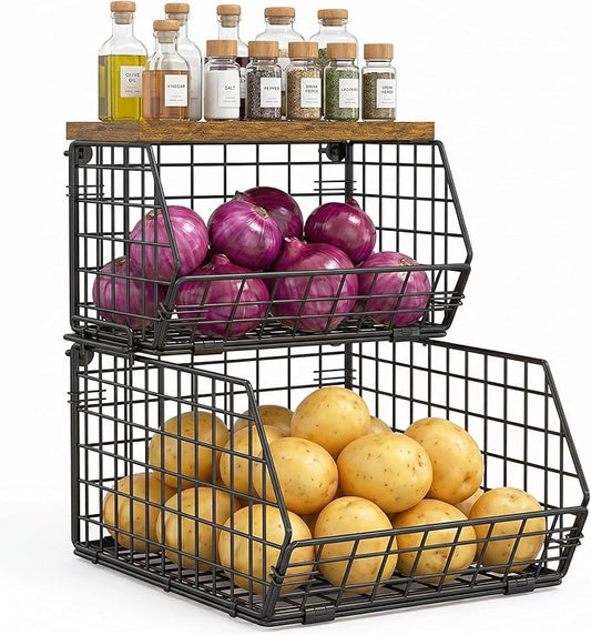 Stackable Fruit Basket for Kitchen Counter, 2 Tier Wire Baskets with Wooden Lid Top, Vegetable Storage Organizer Bins, Wall Mountable Pantry Baskets for Produce, Onion, Potato, Black