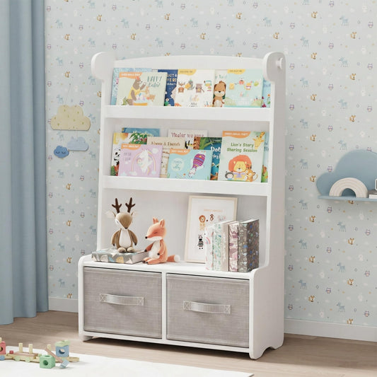 WISUCART Kids Bookshelf and Toy Storage Organizer, 3 Tier Bamboo Todders Book Shelf Large Book Rack for Child Room Playroom Nursery for Kids, Children, Toddlers (White)