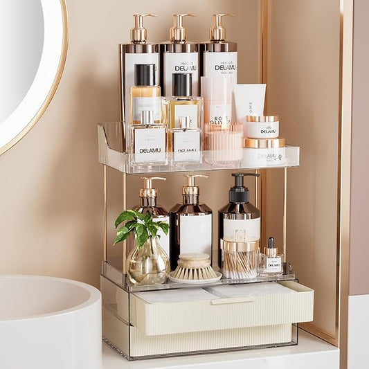 Delamu Bathroom Organizers and Storage, 2 Tier 2 Drawer Makeup Organizer Countertop, Easy to Install, Ideal for Bathroom Counter, Vanity, Ideal Gifts for Women Girls, Cream White