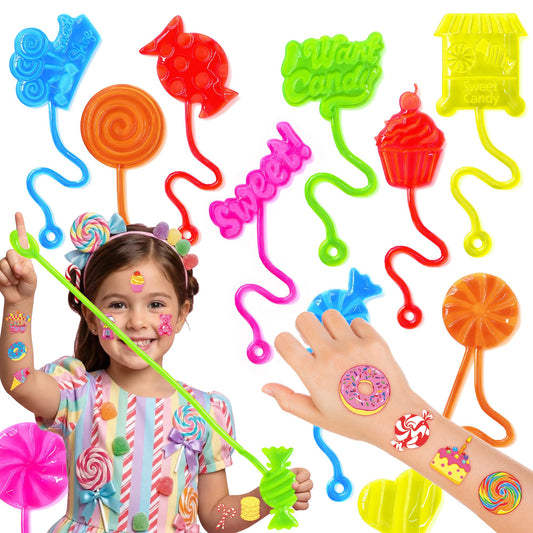 48PCS Candy Land Party Favors - 24PCS Temporary Tattoos & 24PCS Stick Hands Party - Perfect Birthday Party Supplies, Goodie Bag Stuffers, Treasure Box Toys, Classroom Prizes, and Student Gifts