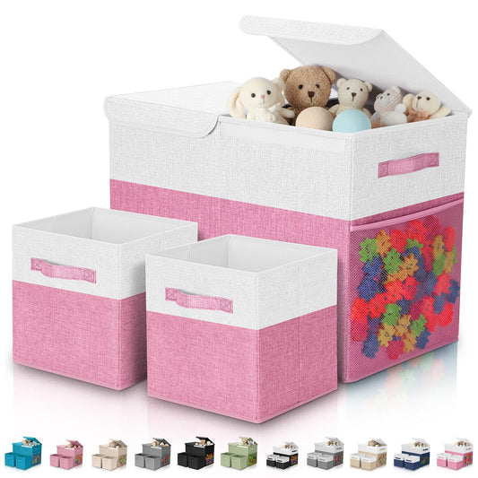 Fiwochic 3 Pack Large Storage Bins Set 23" Toy Chest Storage with Lids and 11" Cubes Organizer Bins for Kids Bedroom Closet Shelf Organizer for Clothes Blankets Nursery Playroom(Pink White)