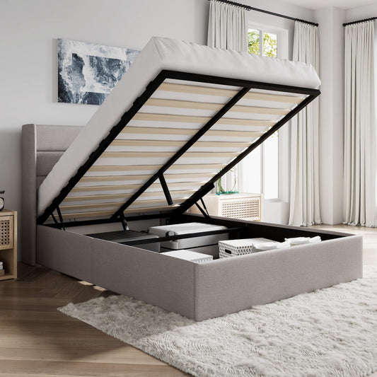 SHA CERLIN Queen Size Lift Up Storage Bed/Modern Wingback Headboard/Upholstered Platform Bed Frame/Hydraulic Storage/No Box Spring Needed/Wood Slats Support/Light Beige