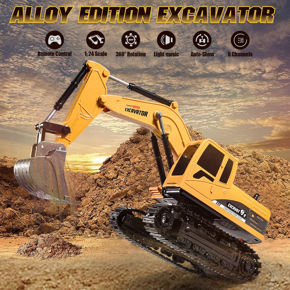 Onadrive Construction Excavator Toy - Kids Toy Engineering Digger Truck, Remote Control Rechargable Hydraulic Car for 3 4 6 7 8 Year Old Boys Girls, Educational Toys for Kids & Children