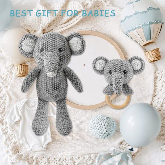 Baby Toys Elephant Stuffed Animals for Babies 2Pcs Cute Calf Plush Toys Set: 10" Grey Elephant Plush Doll and 5.9" Baby Teething Rattle Soft Baby Boy Girl Gifts for Birthday,Easter,Baby Shower