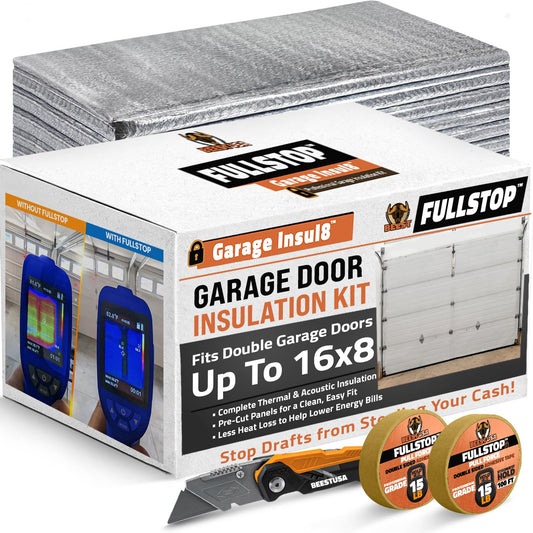 BEEST FULLSTOP Garage Door Insulation Kit - 16x7 & 16x8ft Double Garage Door Insulation Panels - 16 Pre-Cut 24x48 Foam-Core Panels w/ Tape, Cutter & Squeegee - Easy DIY For Instant Temperature Control