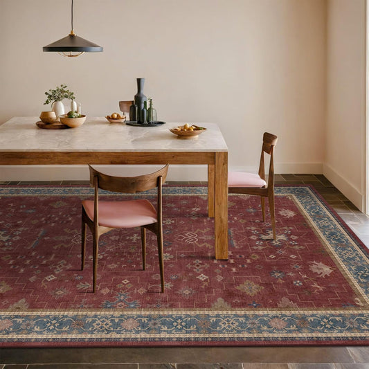 Skiennix 6x9 Dining Room Rug - Vintage Burgundy Boho Design, Lightweight & Washable Carpet