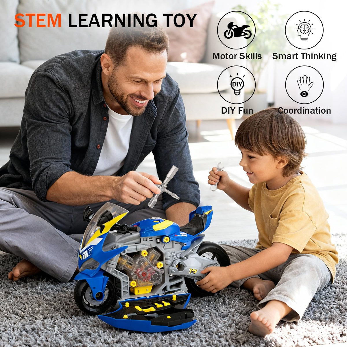 Take Apart Motorcycle Toy for Kids 3-5, Mechanic Toy DIY Repair Set with LED Lights, Real Engine Sounds & Spraying Exhaust - STEM Building Toys Engine Build Kit Birthday Gift for 3 4 5 6+ Year Old Boy