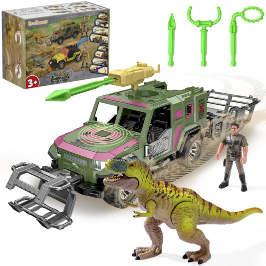 EKU Dinosaur Toys Rescue Truck with Human, 10 Realistic Sounds, 15ft Launch, Clamp, Chomping T-Rex Dinosaur for Jurassic World Role Play Transport Adventure Playset for Kids 3+