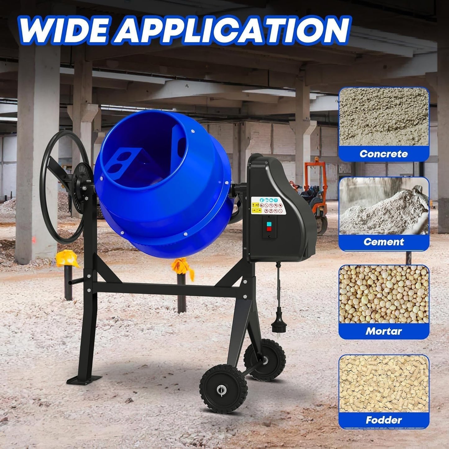 SILVEL Electric Cement Mixer, 5.3 Cu.Ft.750W Portable Concrete Mixer Machine with Wheels & Stand Steel for Stucco, Mortar, Feed Mixing, Farm Use, Orange