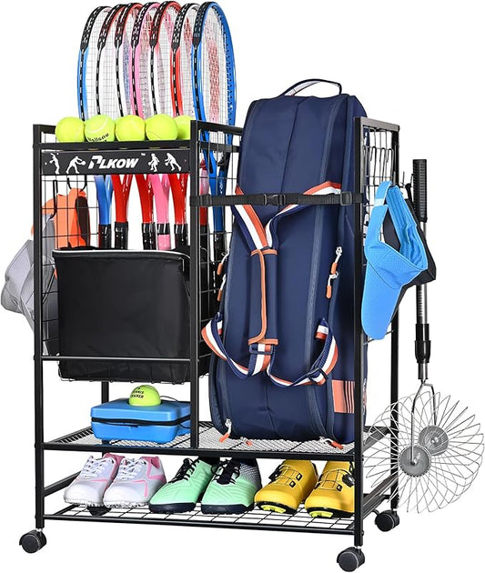 PLKOW Tennis Bag Organizer Tennis Racket Storage Rack, Tennis Equipment Holder for Bags, Balls, Racquet & Accessories, Versatile Gear Organizer for Garage, Club, or School