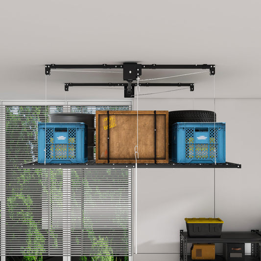 4x8 FT Overhead Garage Storage Rack for High Ceilings 10-12 FT, 350Lbs Heavy-duty Steel Garage Ceiling Rack with Safety Lock, Ideal for Overhead Storage Mounted Lift System and Garage Organizer