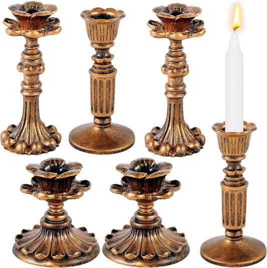 Suclain Vintage Candlestick Holders - 6 Pcs Retro Resin Taper Candle Holders for Home Decor | Bronze