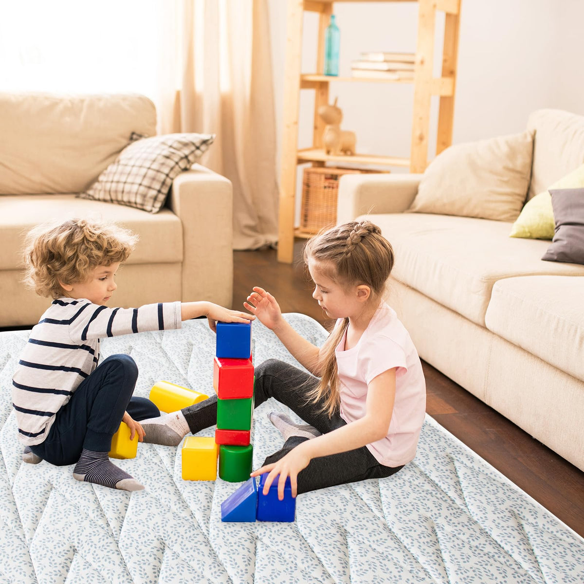Biloban Baby Play Mat, 50x50 Baby Play Mats for Floor, Thick Foam Floor Playmat for Baby Playpen for Babies & Toddlers, Foldable & Soft One-Piece Crawling Playpen Mat for Kids, Blue Leaf