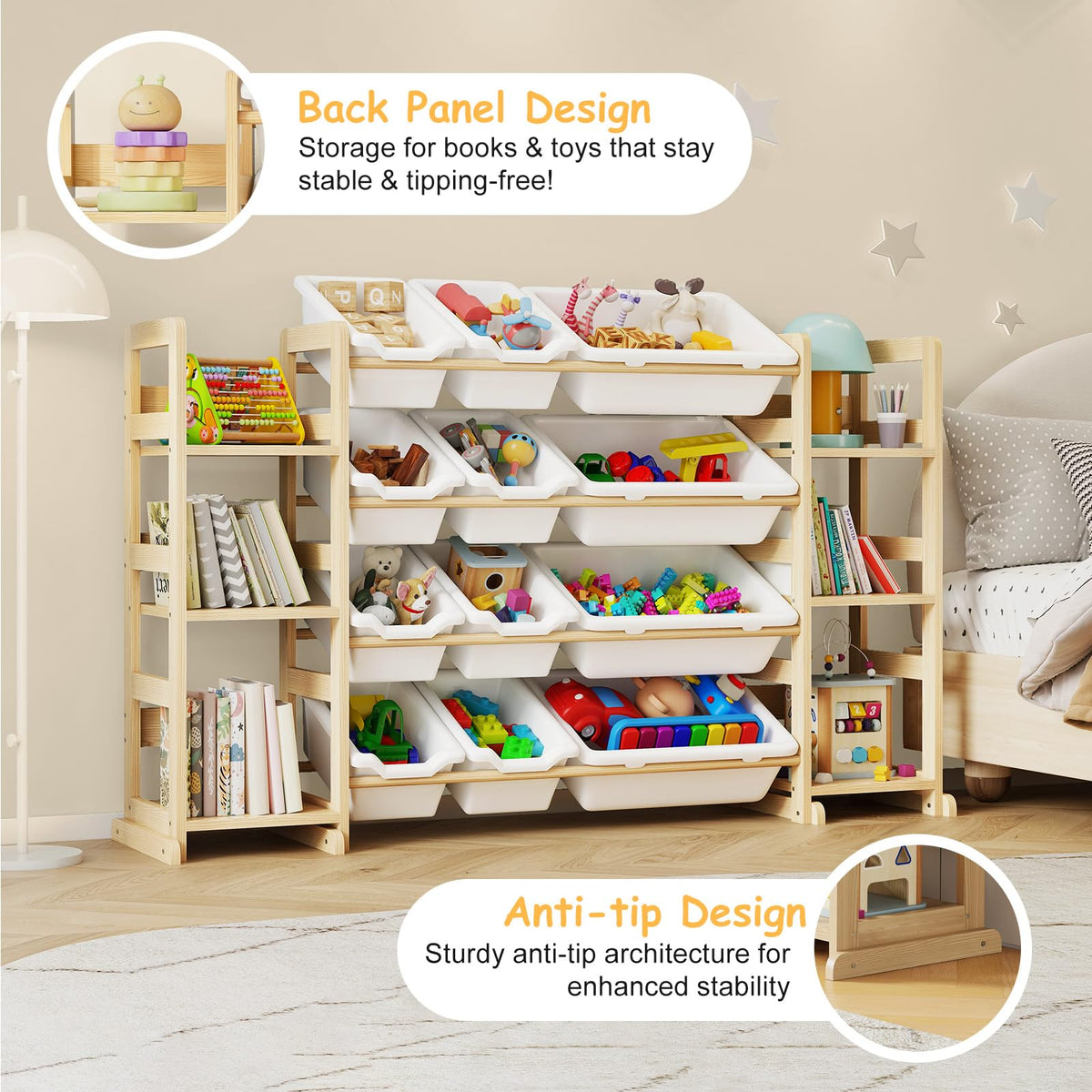 EXPERLAM Extra Large Toy Storage - Toy Storage Organizer, Wooden Toy Organizer with 6 Side Shelves and 12 Bins, 3-in-1 Bookshelf for Kids Rooms, Playroom, Nursery, White