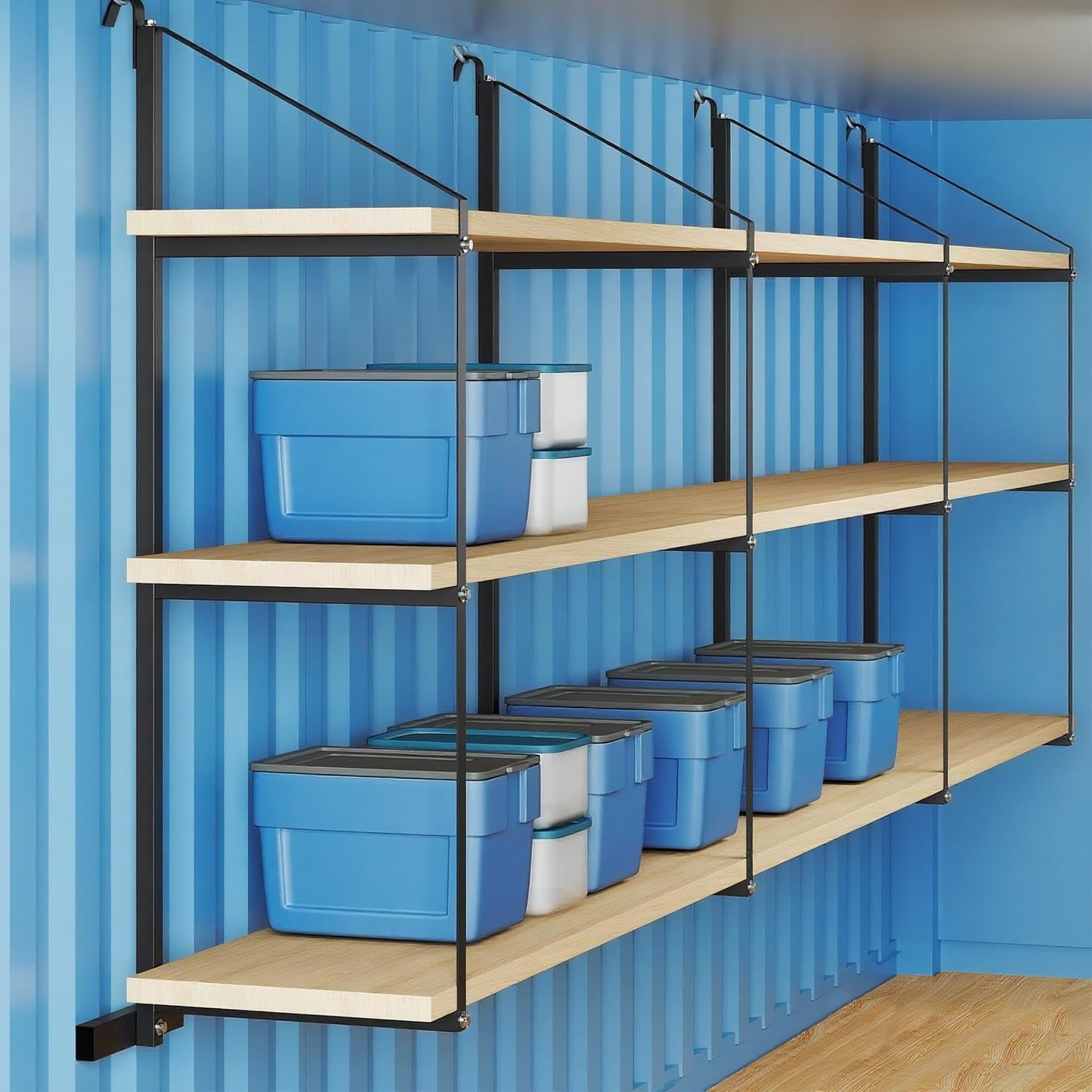 GAOMON 8 Pack Shipping Container Shelving Bracket, 3-Tier Adjustable Black Power Coated Steel Brackets, 22"x60", 1100LBS Hanging Type Cargo Containers Storage Rack for Heavy Tools/Equipment