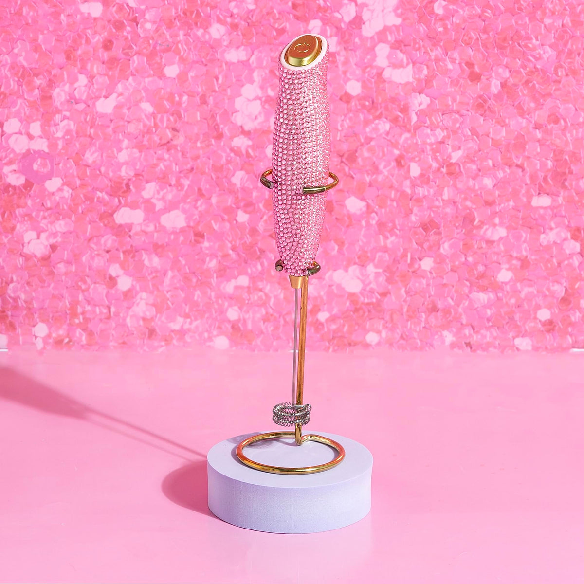 Paris Hilton Electric Rhinestone Handheld Milk Frother with Double Coil Head Whisk and Gold Metal Stand, Battery Powered (2 AA Batteries Required but Not Included), Pink