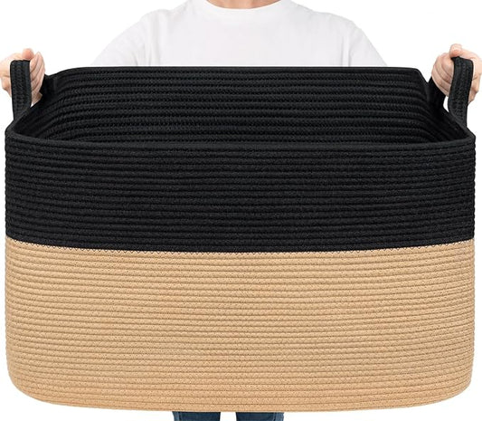 Goodpick Large Woven Blanket Basket 23.6" x 15.7" x 13.8" Cotton Rope Storage Organizer for Dirty Clothes Pillows, Wicker Storage Basket for Living Room Bedroom, Black & Jute
