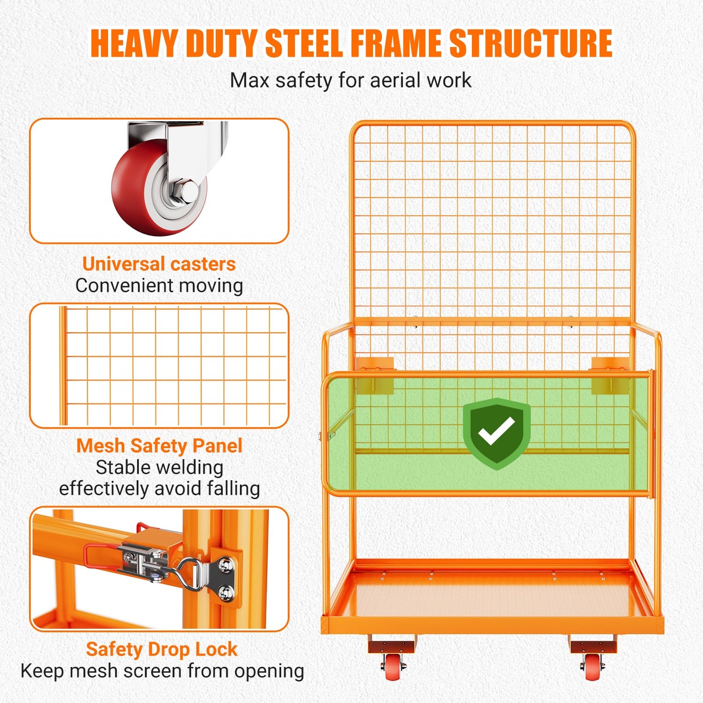 45 in x 43 in Forklift Safety Cage, GarveeTech Max. 2200 LBS Heavy Duty Steel Forklift Man Basket, Foldable Forklift Work Platform with Guardrails, Safety Harness, Wheels, Perfect for Aerial Work
