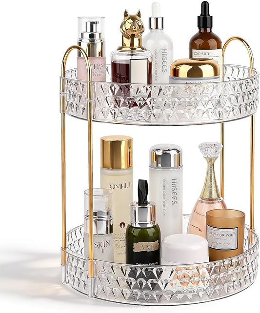 Rotating Makeup Organizer for Vanity, 2 Tier Perfume Skincare Storage for Women, Bathroom Counter Organizer, 360° Spinning Cosmetic Holder for Dresser Countertop, Clear