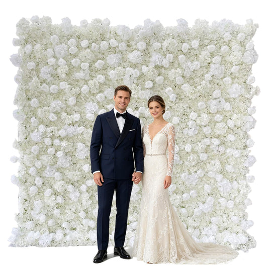 5D Artificial Silk Rose Flower Wall Backdrop, Exquisite White Floral Wall, 8×8 Ft, Quick Installation & Easy Storage, Reusable, Suitable for Weddings, Birthday Parties and Home Decor, Without Stand.