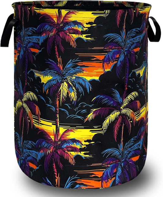Colorful Palm Tree Laundry Basket Foldable Oxford Cloth Hawaii Laundry Hamper With Handle Portable Clothes Storage Organizer Basket 18.9"x16.5" Storage Bag For Laundry Room/Bathroom/Bedroom
