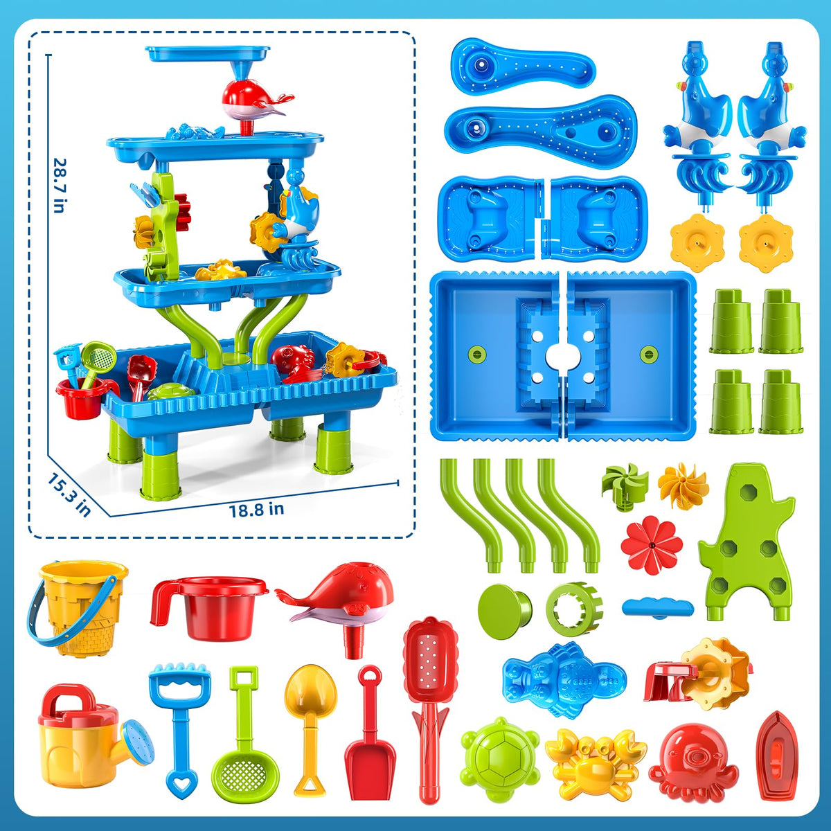 Sand Water Table, 4-Tier Rectangular Sand and Water Table for Toddlers 1.5+, Outdoor Splash and Play Activity Set for Boys and Girls Ages 2 3 4 5 6 7 8 Years, Indoor Outdoor Water Play Sensory Toys
