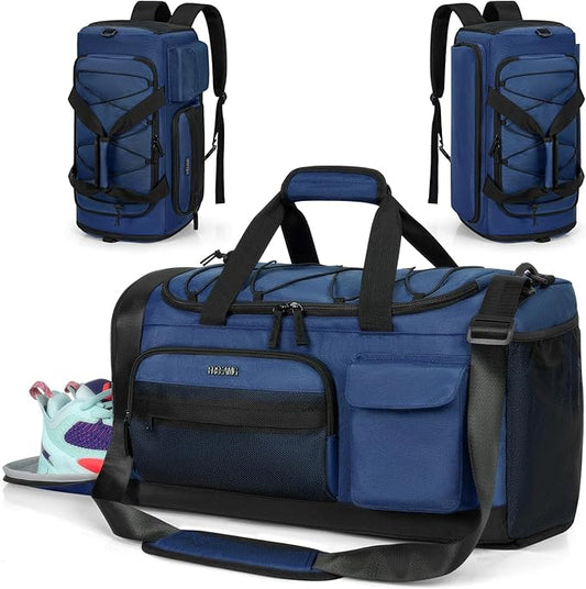 Gym Bag for Women & Men, Sports Travel Duffle Bag with Shoe Compartment, Anti-Theft Carry On Weekender Bag, Water Resistant Overnight Backpack for Airplane, Gym, Travel (Blue Black)