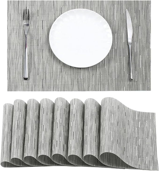 Leetaltree Silver Placemats Set of 8 - Heat Resistant Non-Slip Place mats for Dining Table, Washable Durable PVC Vinyl Woven Table Matsï¼Silver, 8ï¼