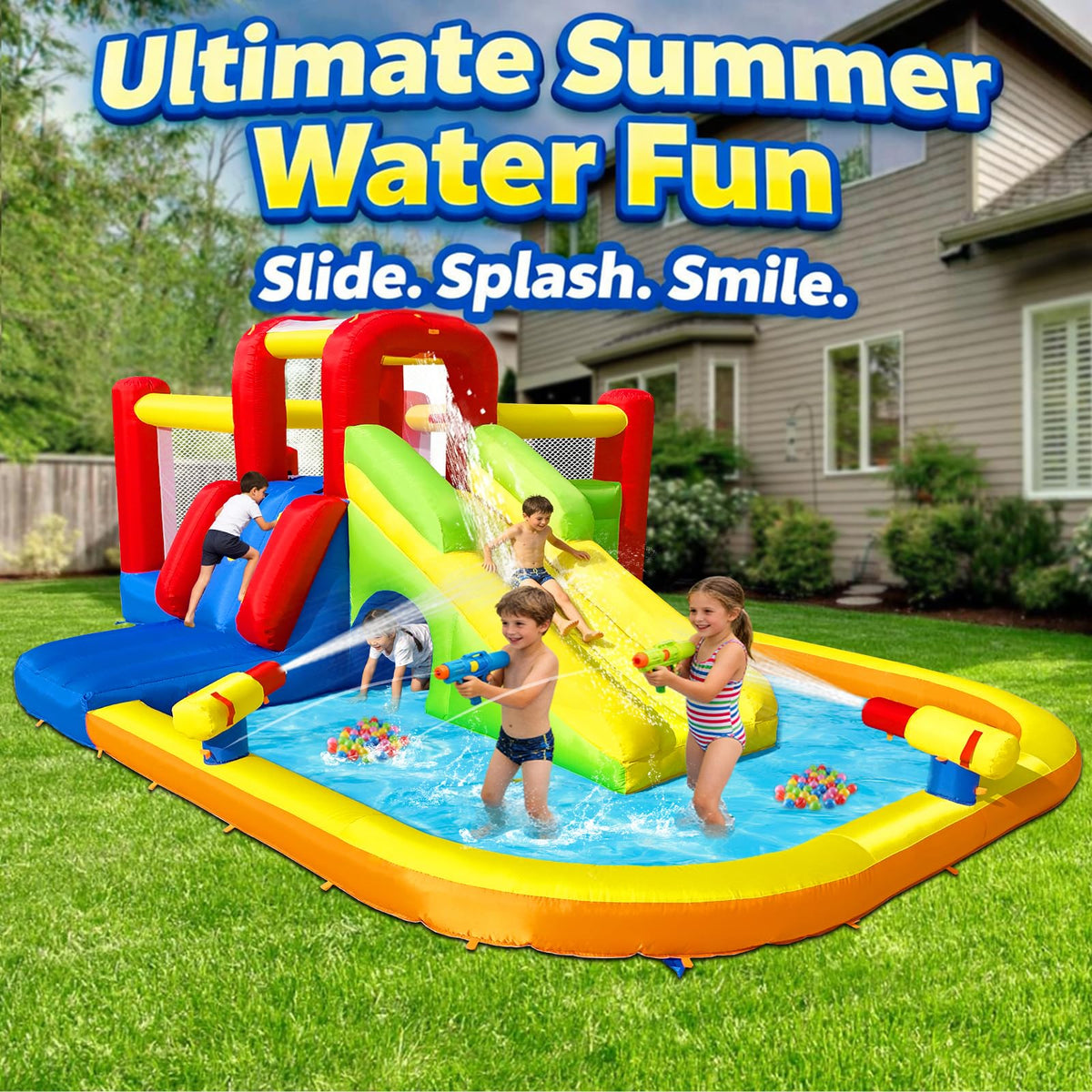 Hongcoral Inflatable Water Slide Bounce House for Kids, 12-In-1 Water Park with Splash Pool, Double Cannons, 2 Climbing Walls, Tunnel, Obstacles, Blow Up Jumping Castle With Blower