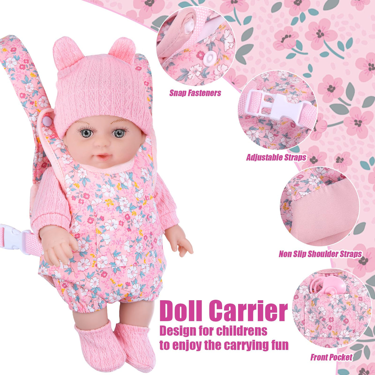 DOTVOSY 12" Baby Doll Set with Clothes and Baby Carrier for Dolls Reborn Baby Doll Accessories Include Feeding Bottles Nipple Toy Stuffs for Kids Age 3+