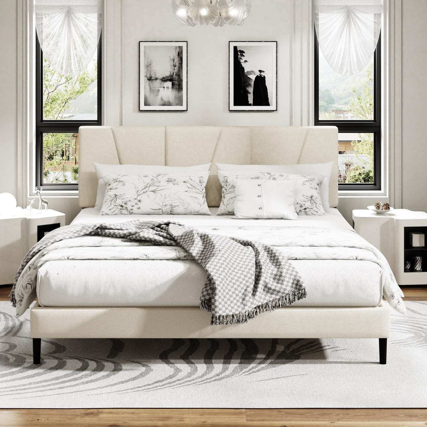 King Size Platform Bed Frame with Upholstered Headboard, Wooden Slats Support, Noise Free, No Box Spring Needed, Easy Assembly, Beige, Velvet