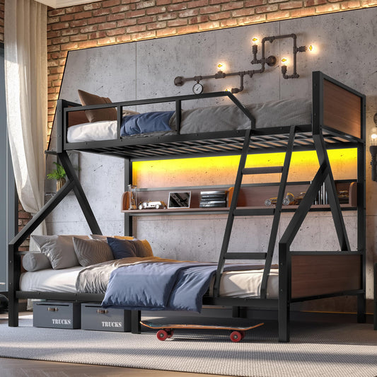 Bellemave Metal Bunk Bed Twin XL Over Queen Size with Storage Shelves & LED Light,Heavy Duty Bunk Bed Frame with Wood Board & Sturdy Slats,Twin XL Over Queen Bunk Beds for Bedroom,Noise Free, Black