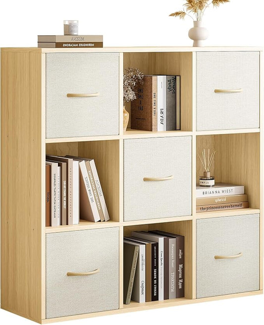 EXPERLAM 9 Cube Storage Organizer - Solid Wood Bookshelf with 5 Storage Bins, Cube Shelf with 3 Removable Back Panels, Vertical or Horizontal Bookcase, Open Book Shelf for Bedroom, Living Room, Office