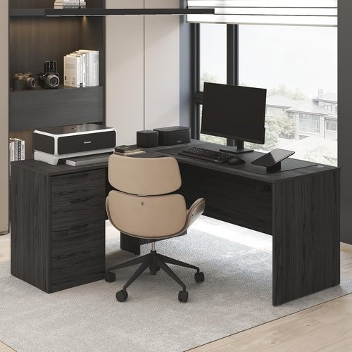Furinno Roger L-Shaped Executive Desk - 60 Inch with File Cabinet & Cord Grommet | Coastal Grey