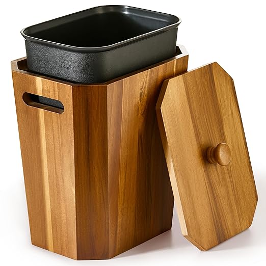 BLUEWEST 2.6 Gallons Acacia Wooden Bathroom Trash Can with Lid & PP Liner â Small Wastebasket with Handle, Decorative Wood Bin for Bedroom, Office or Under Counter Use