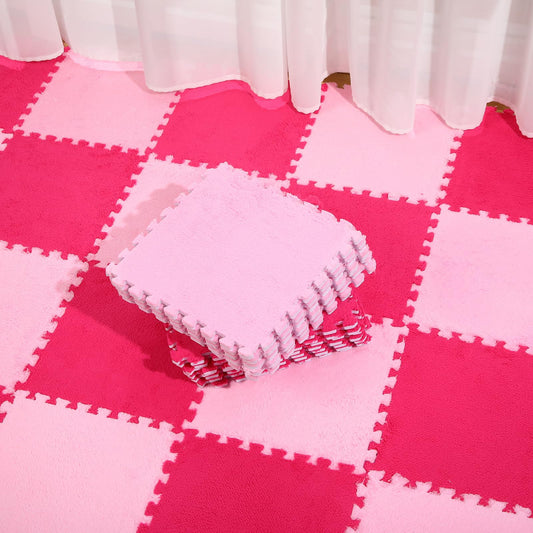Ceenna 60 Pieces Plush Puzzle Foam Floor Mat Square Interlocking Carpet Tiles with Fluffy Play Mat Floor Tiles Soft Climbing Area Rugs for Living Room Floor Gym Area(Pink, Rose Red)