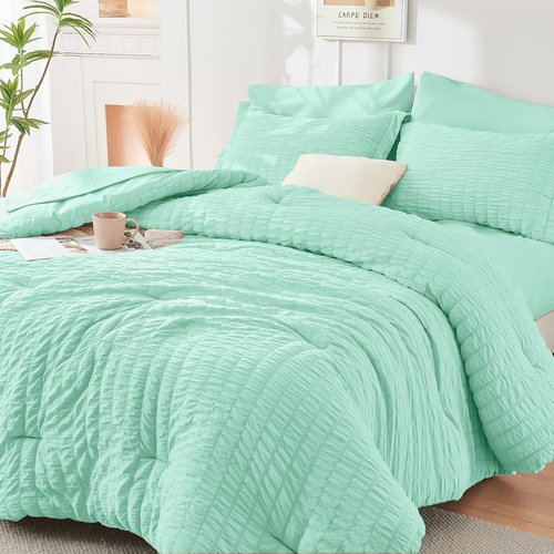 HYMOKEGE Queen Comforter Set - Mint Green Seersucker 7-Piece Luxury Bedding Set for All Seasons
