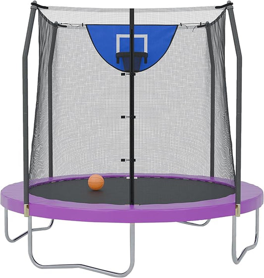 Skywalker Trampoline Outdoor 8 FT, 12 FT, 15 FT Jump N’ Dunk Round Outdoor Trampoline with Net, Trampoline Mat, and Basketball Hoop for Trampoline
