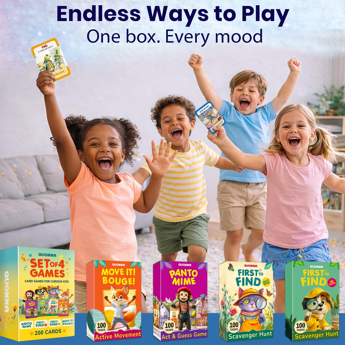 QUOKKA Kids Card Game Set Ages 4+ – 4 Games in 1 Box, 400 Creative Tasks, Scavenger Hunt for Kids, Charades & Animal-Themed Active Movement Indoor and Outdoor Games