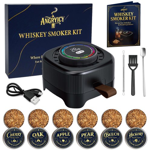 Electric Whiskey and Cocktail Smoker Kit with 0-60s Adjustable Timer, No Butane Needed, 6 Wood Chips Flavors, Bourbon Drink Smoker Infuser Kit Smoke Whisky Set, Birthday Gifts for Men