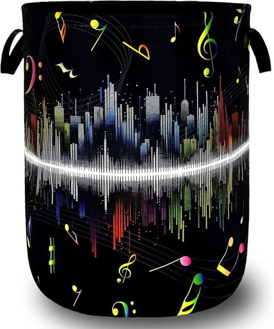 Colorful Music Notes Laundry Basket Music Laundry Hamper Foldable Oxford Cloth Funny Tote Bag Clothes Toy Storage Bucket For Bathroom/Laundry Storage/Bedroom 18.9 x 16.5 Inch