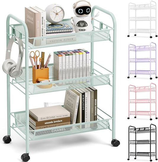 TOOLF 3-Tier Metal Rolling Cart, Mesh Wire Easy Assemble Utility Cart, Storage Trolley on Wheels with 3 Hooks, MetalStorage Shelving Units for Kitchen Bathroom Laundry Room