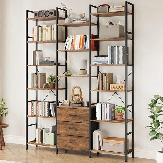 AFLUI Triple Bookshelf with 3 Fabric Drawers, 6-Tier Book Shelf and 10 Display Shelves, Industrial Large Bookcase for Home & Office, Rustic Brown, 47'' Wide