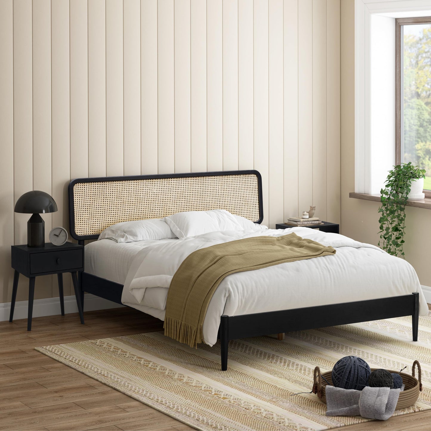 NTC Lupin Wooden Bed Frame with Headboard and Natural Rattan, Solid Oak Foundation with Silent Slats, 1000 Lb Capacity, Effortless Assembly, Queen - Burnt Black